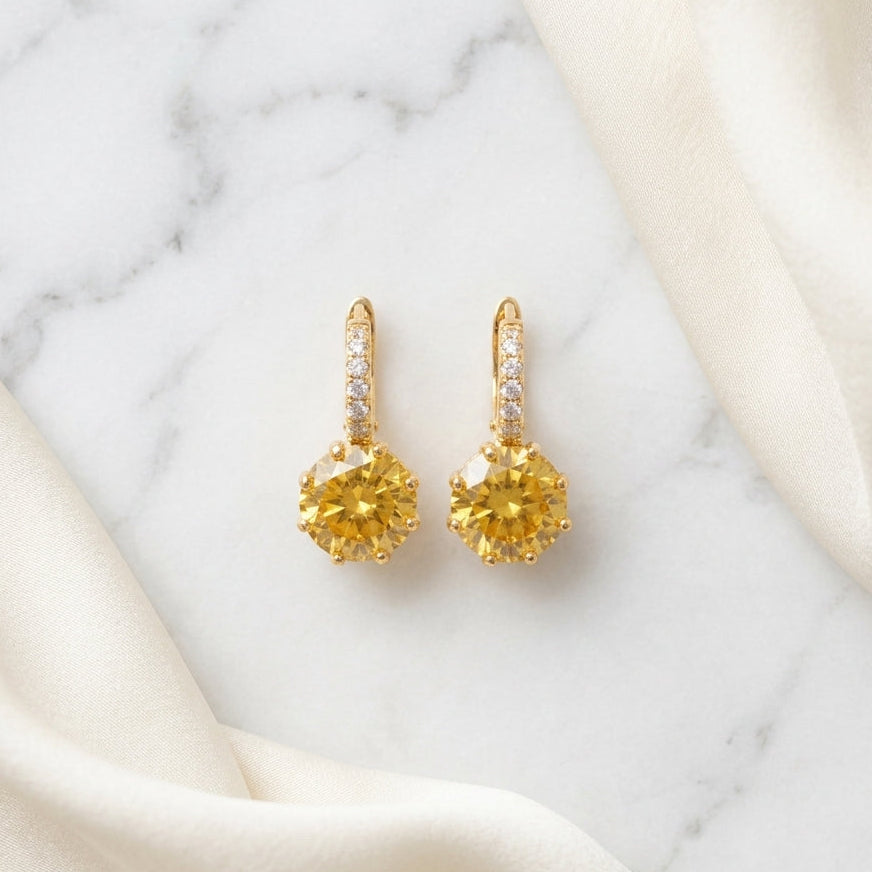 Amber crystal lever-back drop earrings with gold-tone zirconia hoop detail