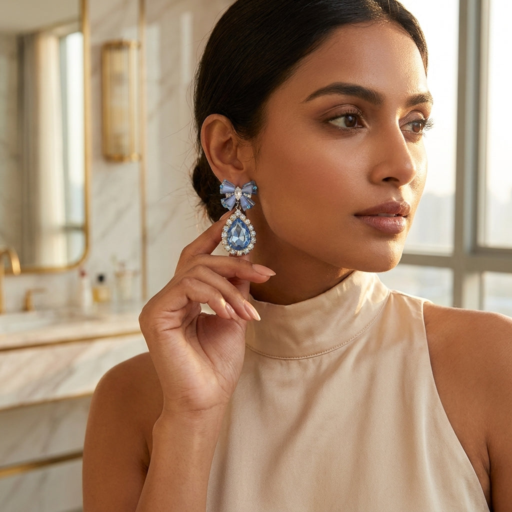 Blue Crystal Bow & Teardrop Drop Earrings | Rhinestone Statement Earrings - ZI FASHION