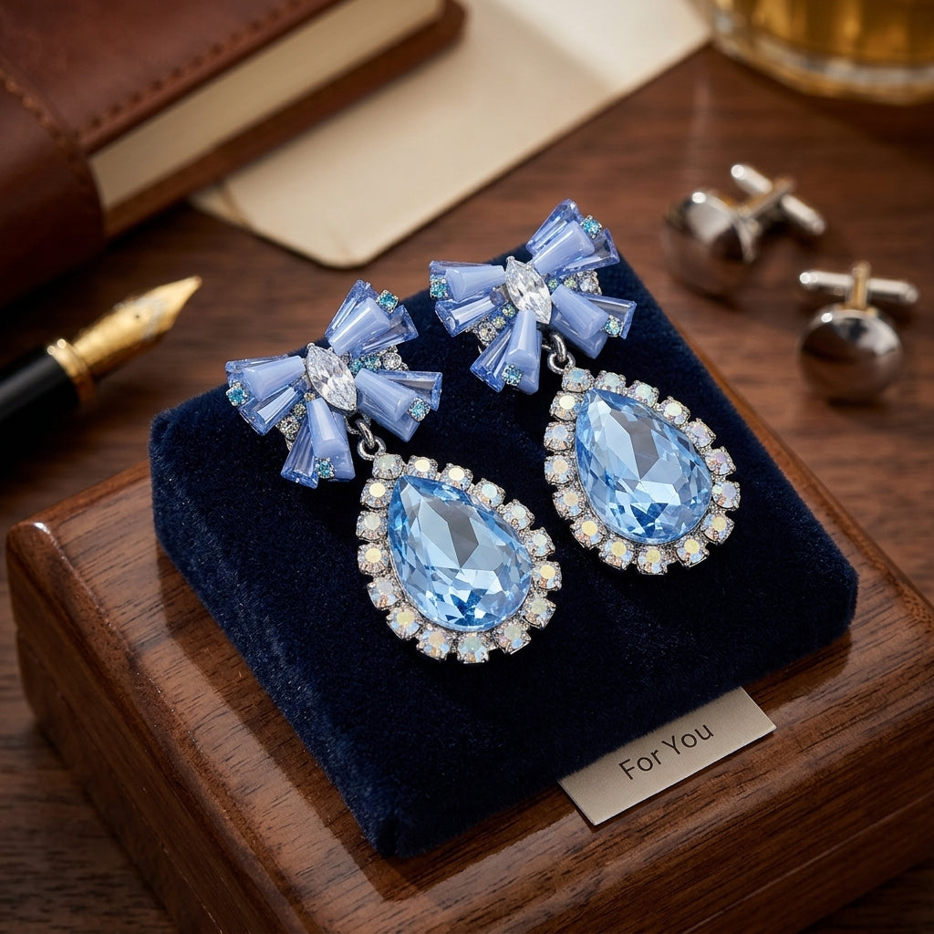 Blue Crystal Bow & Teardrop Drop Earrings | Rhinestone Statement Earrings - ZI FASHION