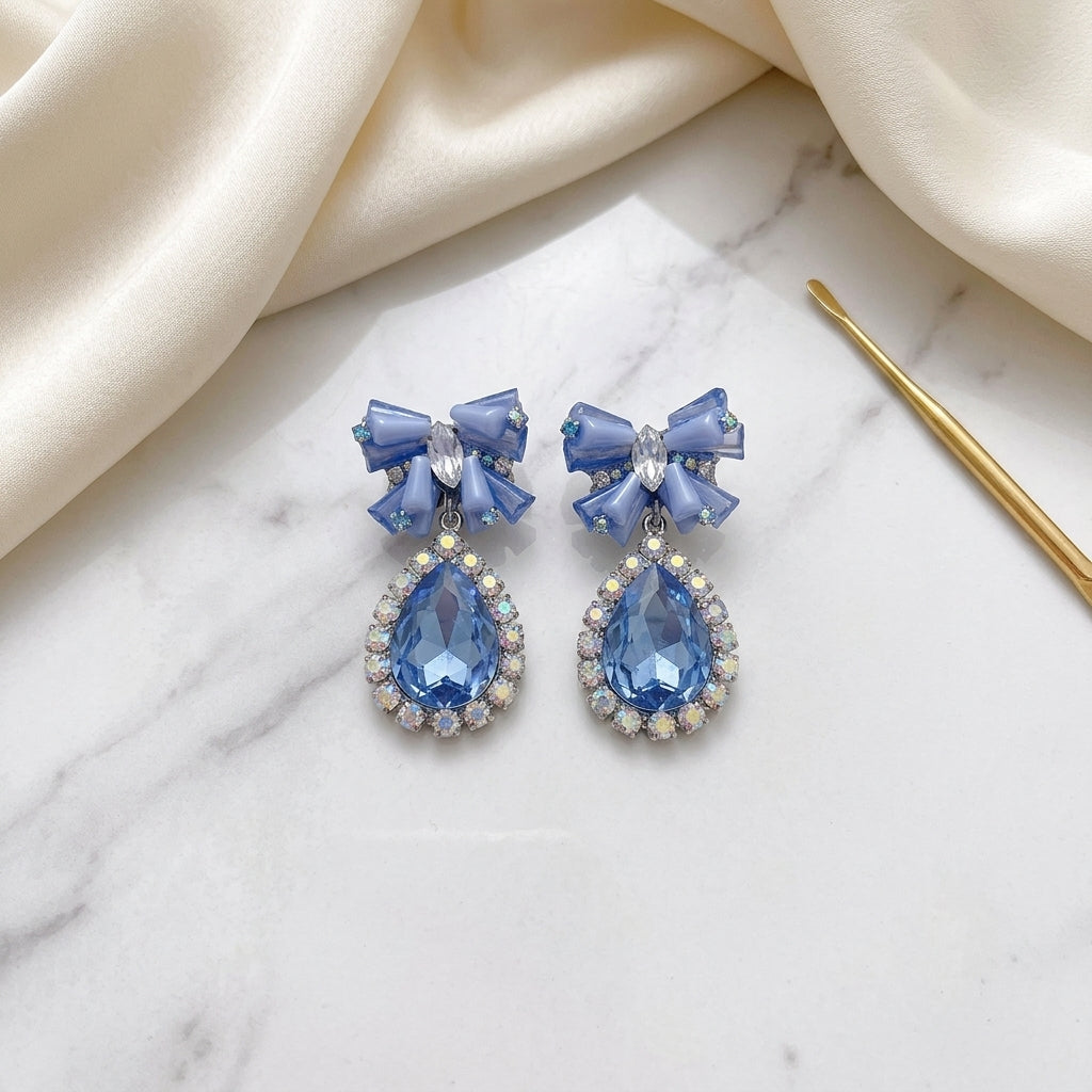 Blue Crystal Bow & Teardrop Drop Earrings | Rhinestone Statement Earrings - ZI FASHION