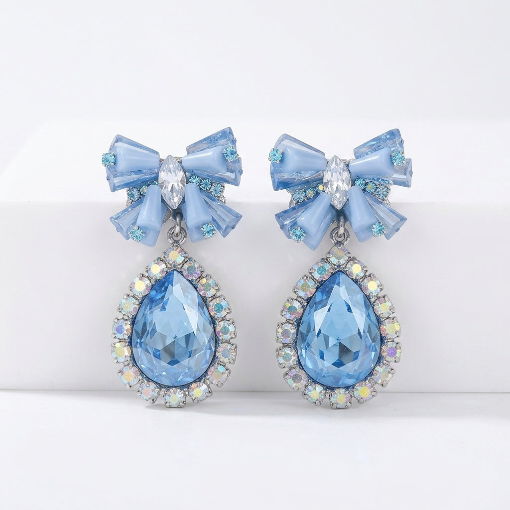 Blue Crystal Bow & Teardrop Drop Earrings | Rhinestone Statement Earrings - ZI FASHION