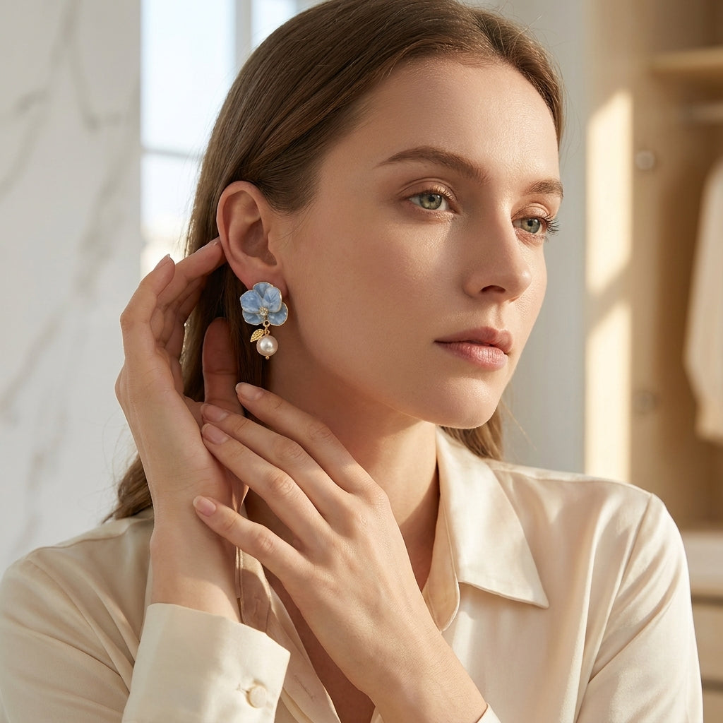 Sky blue enamel flower earrings with crystal centre, gold leaf and pearl drop