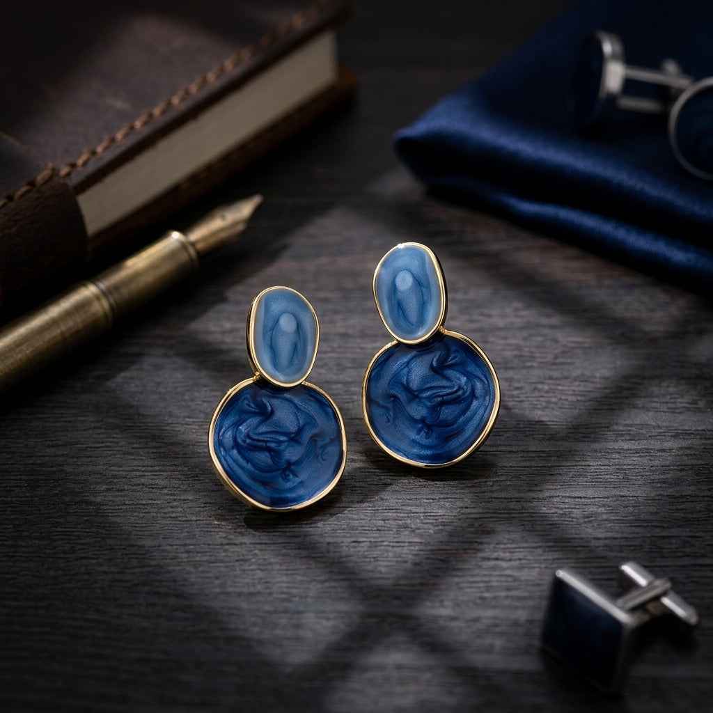 Blue Irregular Two - Tone Drop Earrings | Gold Marble Enamel Geometric Stud Earrings - ZI FASHION