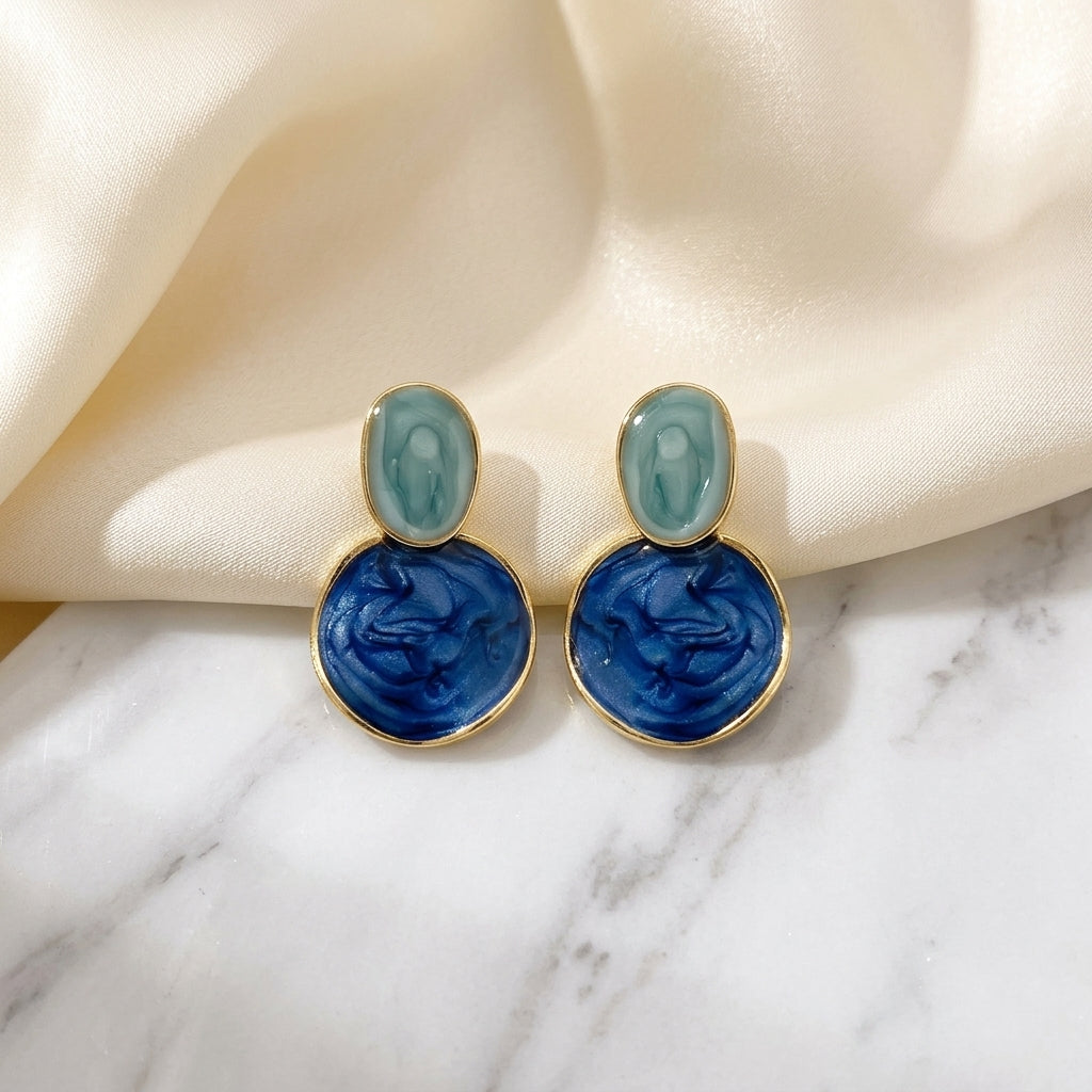 Blue Irregular Two - Tone Drop Earrings | Gold Marble Enamel Geometric Stud Earrings - ZI FASHION