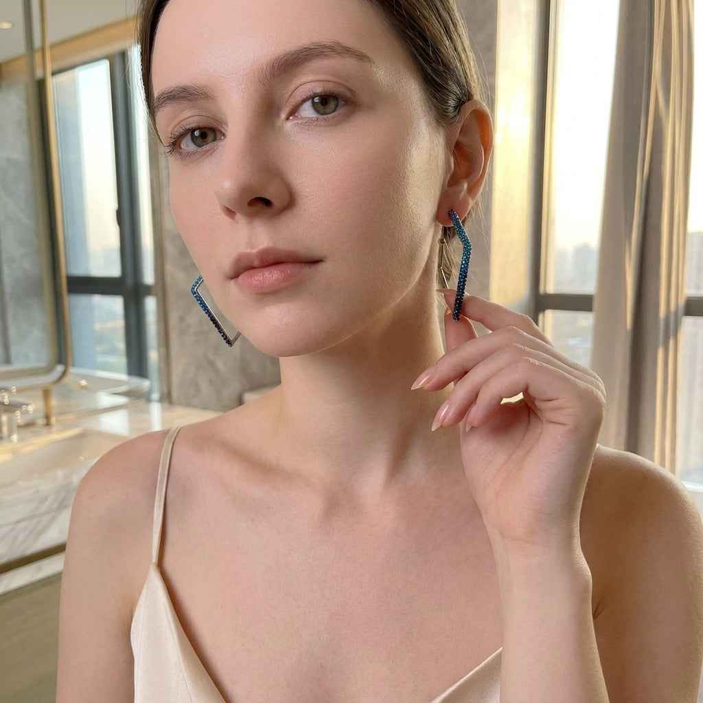 Blue Ombre Crystal Geometric Drop Earrings | Sparkling Gradient Rhinestone Linear Earrings - ZI FASHION