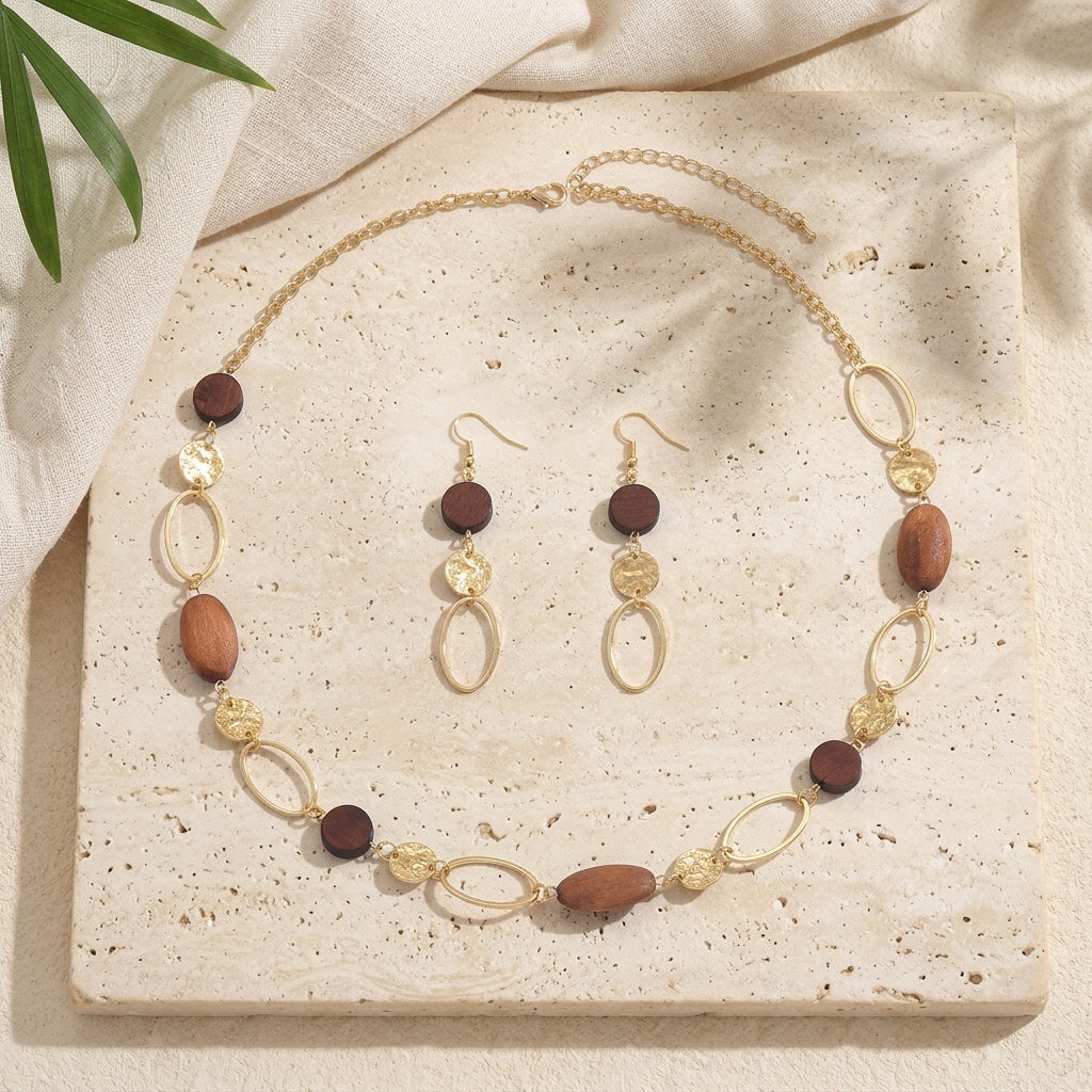 Boho wooden bead necklace and earrings jewellery set