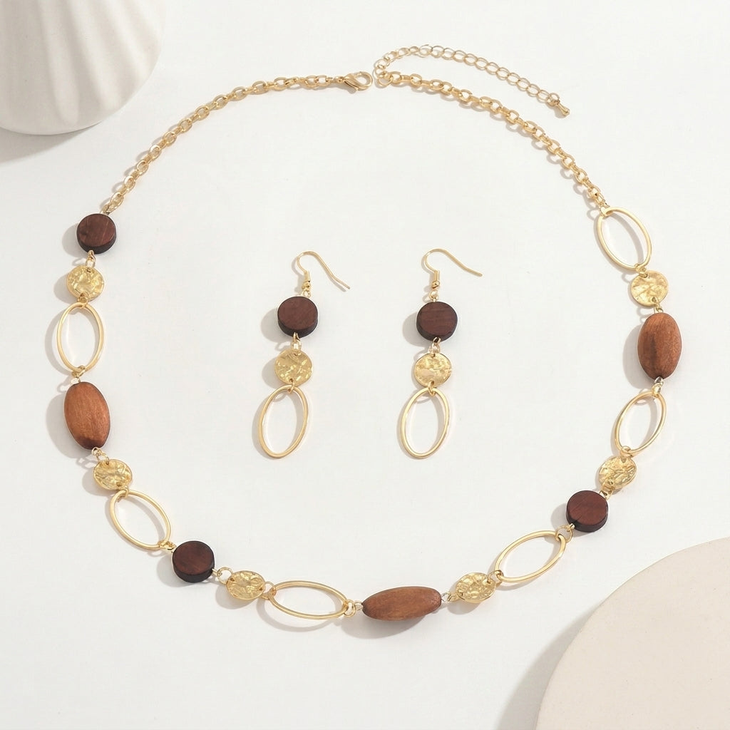 Boho wooden bead necklace and earrings jewellery set