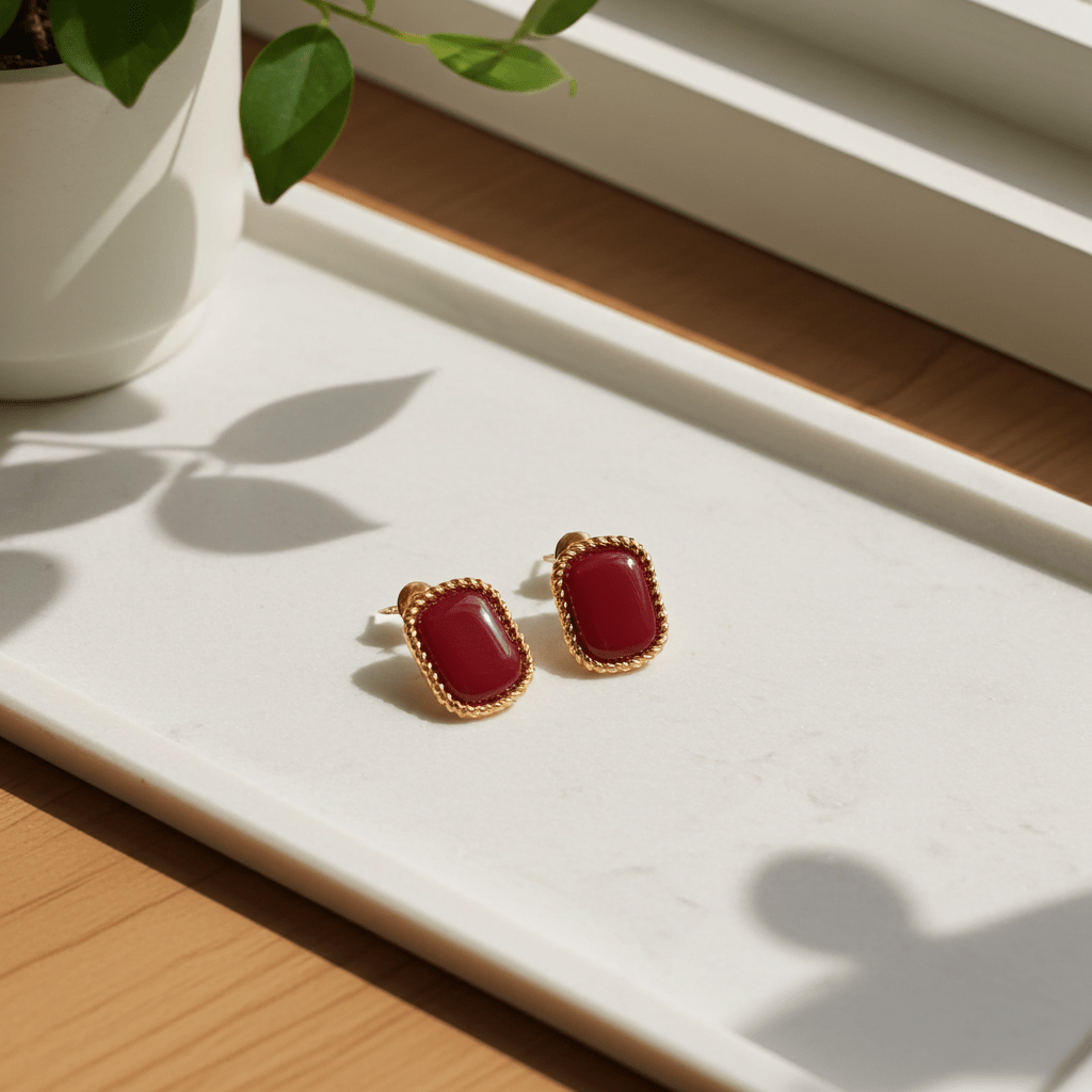 Burgundy & Gold Square Pearl Stud Earrings | Elegant Vintage Statement Earrings for Women - ZI FASHION