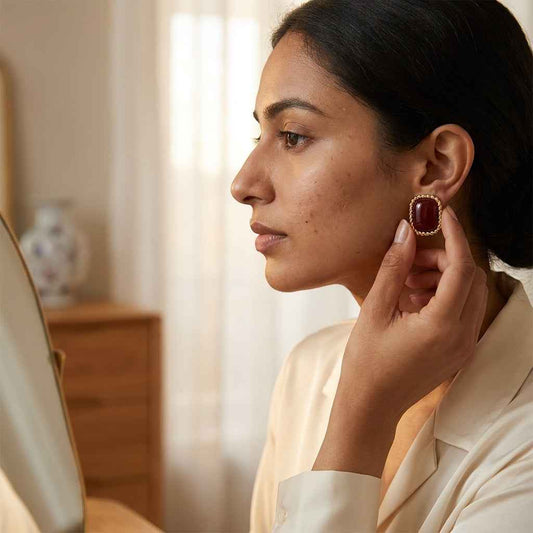 Burgundy & Gold Square Pearl Stud Earrings | Elegant Vintage Statement Earrings for Women - ZI FASHION