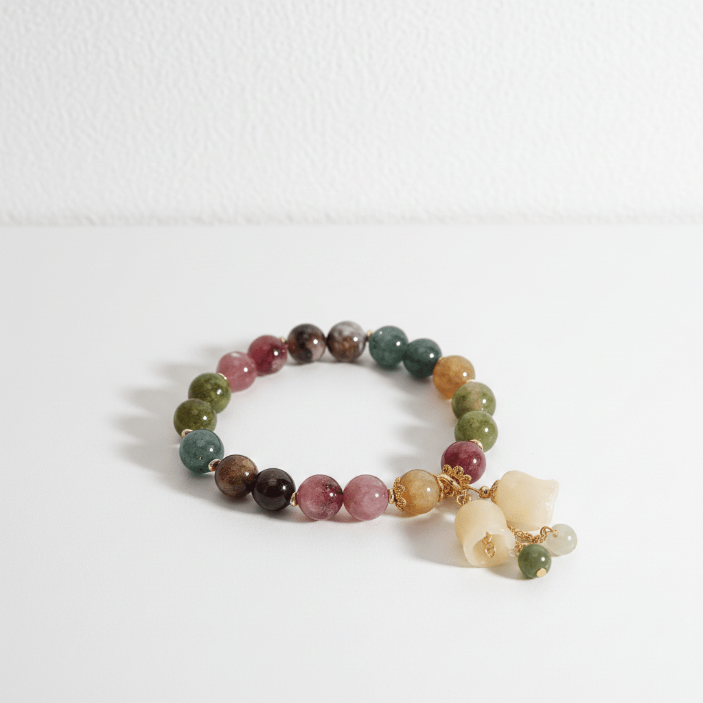 Colorful Tourmaline Charm Bracelet with Jade Bell Pendant - Crystal Bead Lily Flower Design - ZI FASHION