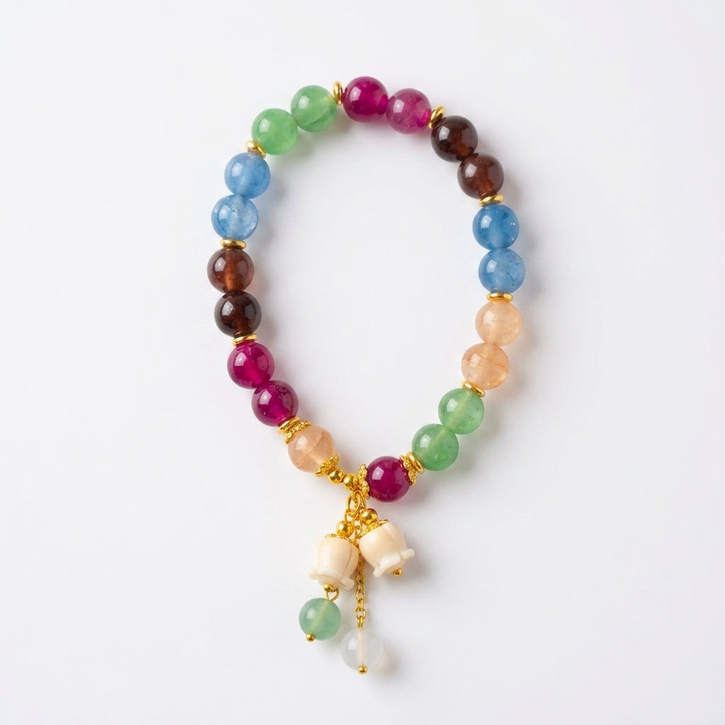 Colorful Tourmaline Charm Bracelet with Jade Bell Pendant - Crystal Bead Lily Flower Design - ZI FASHION