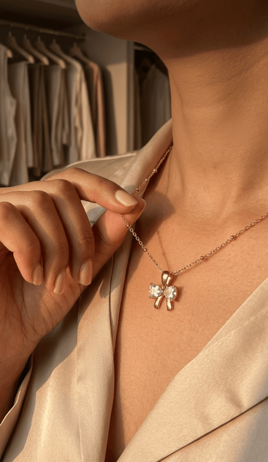Crystal Bow Pendant Necklace | 18K PVD Gold - Plated Stainless Steel - ZI FASHION