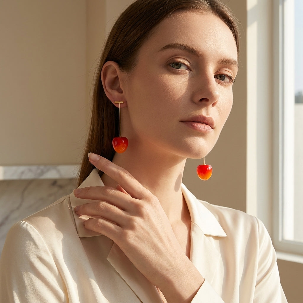 Double Cherry Drop Earrings — Gold Wire Stem - ZI FASHION