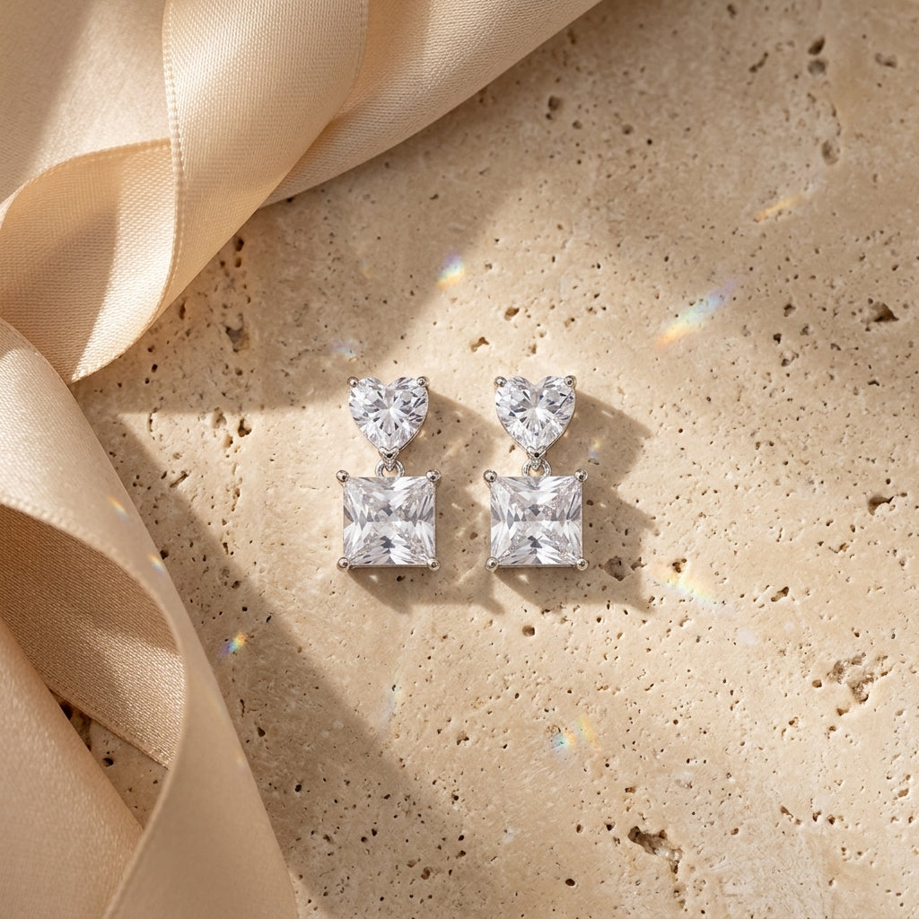 Double Square Crystal Drop Stud Earrings — Silver Tone - ZI FASHION