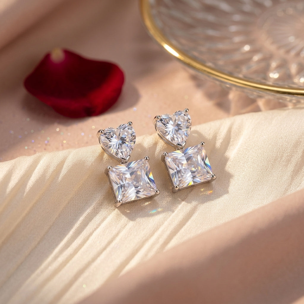 Double Square Crystal Drop Stud Earrings — Silver Tone - ZI FASHION