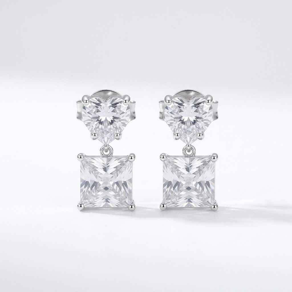 Double Square Crystal Drop Stud Earrings — Silver Tone - ZI FASHION