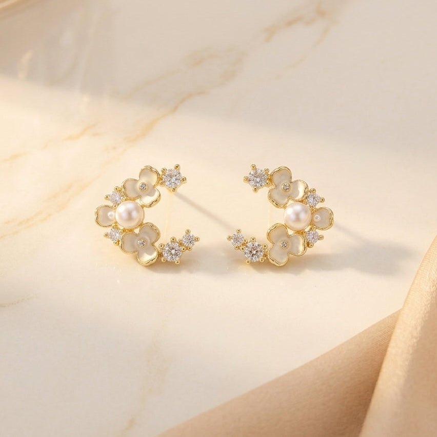 Floral Pearl Crystal Cluster Stud Earrings - ZI FASHION