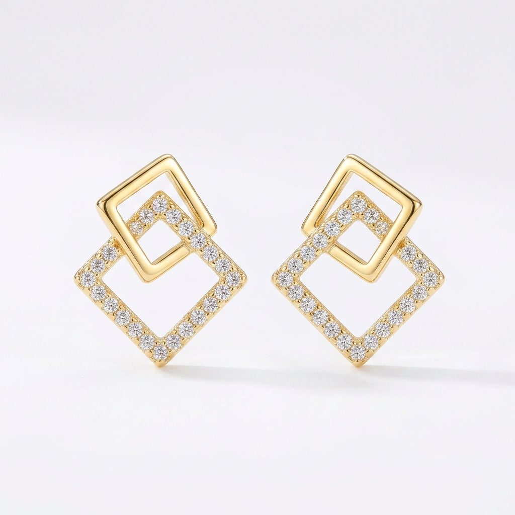 Gold double square crystal stud earrings with geometric sparkling detail