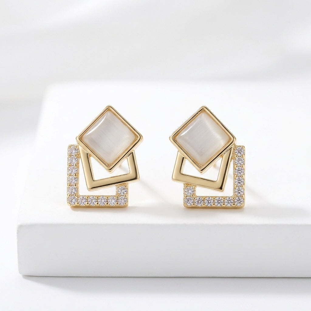 Gold Opal Double Square Crystal Stud Earrings for Women | Geometric Diamond Earrings - ZI FASHION