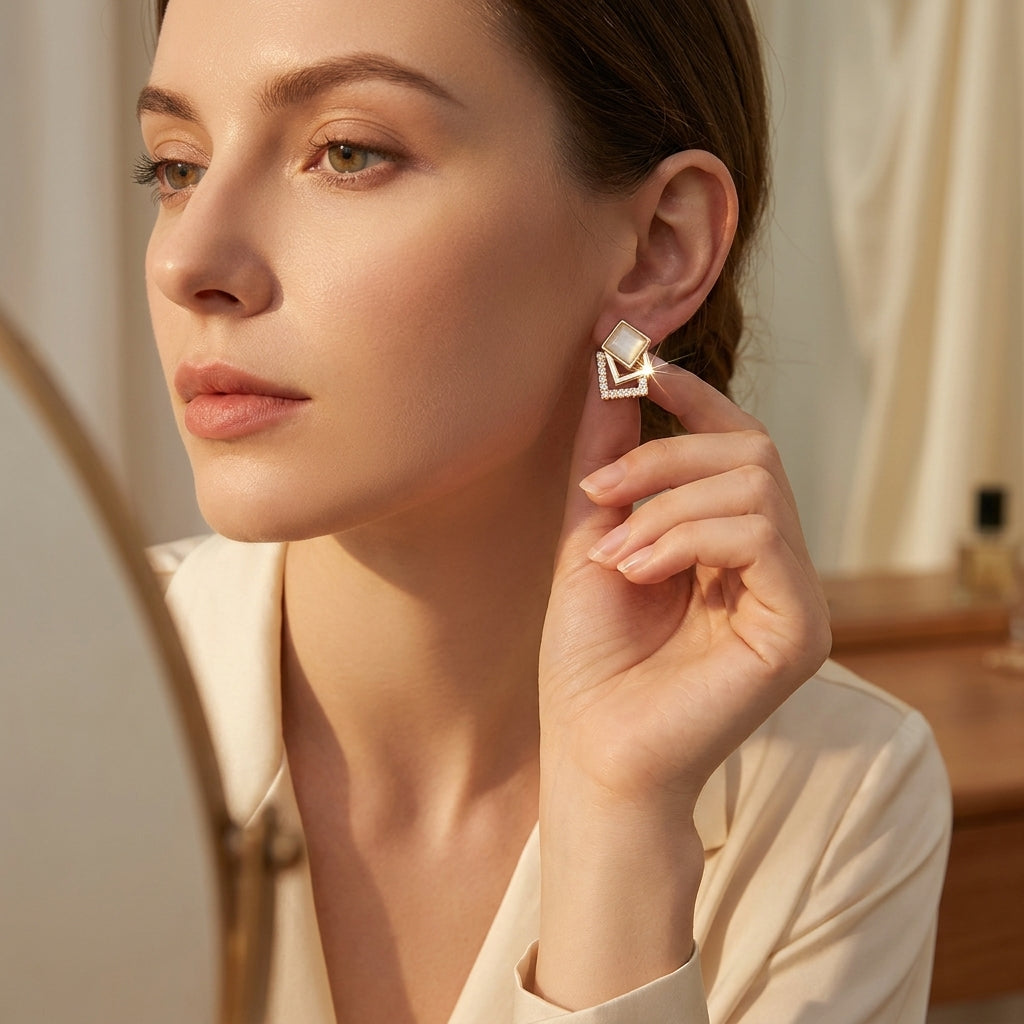 Gold Opal Double Square Crystal Stud Earrings for Women | Geometric Diamond Earrings - ZI FASHION