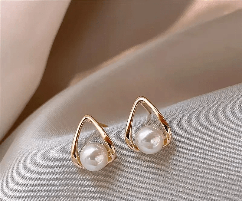 Gold Triangle Pearl Stud Earrings | Gold - Plated - ZI FASHION