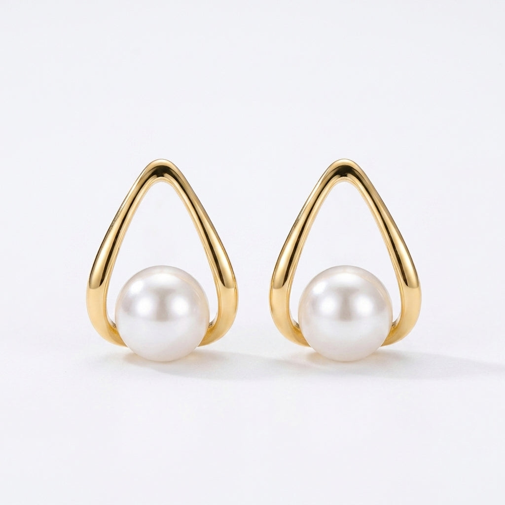 Gold-plated triangle pearl stud earrings with minimalist geometric design