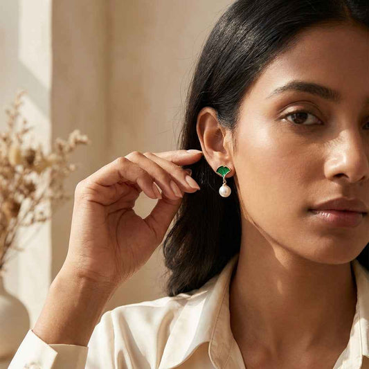 Green Enamel Ginkgo Leaf & Pearl Drop Earrings | Elegant Gold Botanical Earrings for Women - ZI FASHION