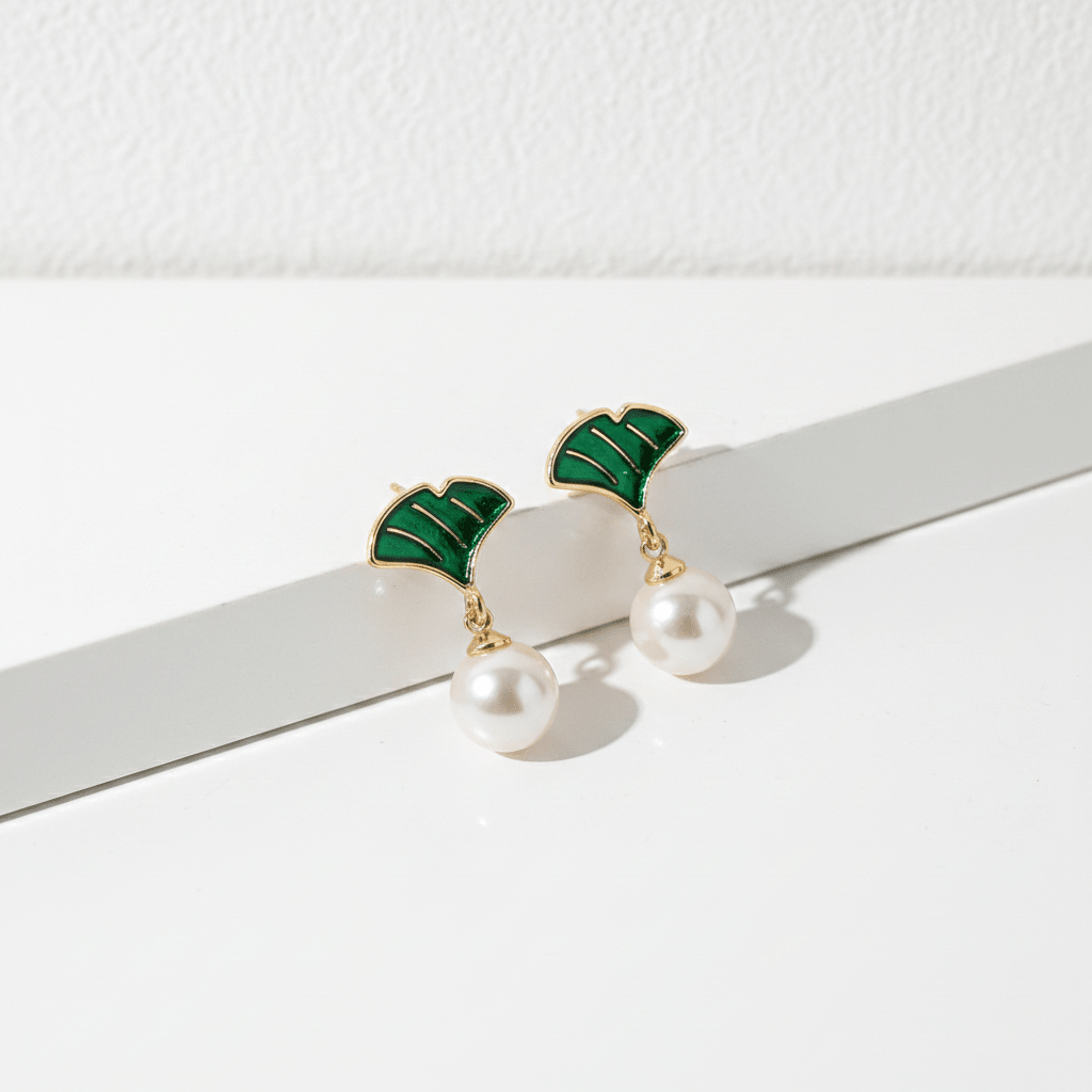 Green Enamel Ginkgo Leaf & Pearl Drop Earrings | Elegant Gold Botanical Earrings for Women - ZI FASHION