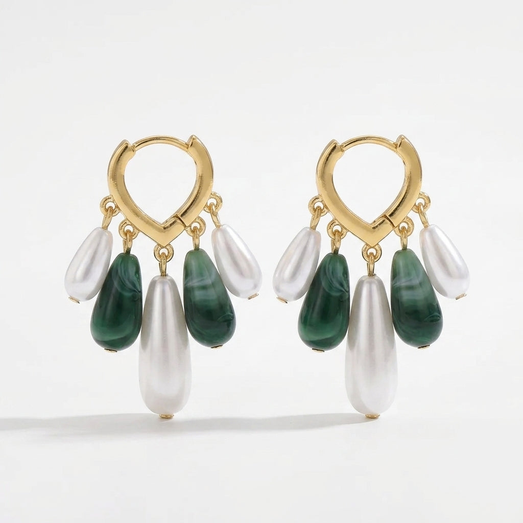 Green malachite-style pearl teardrop hoop earrings with bohemian asymmetrical design