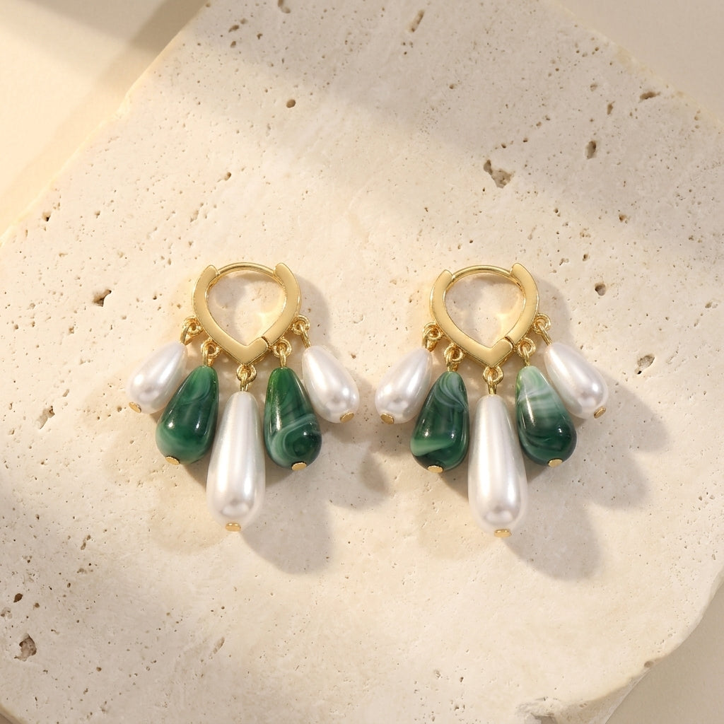 Green malachite-style pearl teardrop hoop earrings with bohemian asymmetrical design