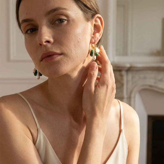 Green Malachite & Pearl Teardrop Hoop Earrings — Bohemian Baroque Style Gold Asymmetrical Drop Earrings - ZI FASHION