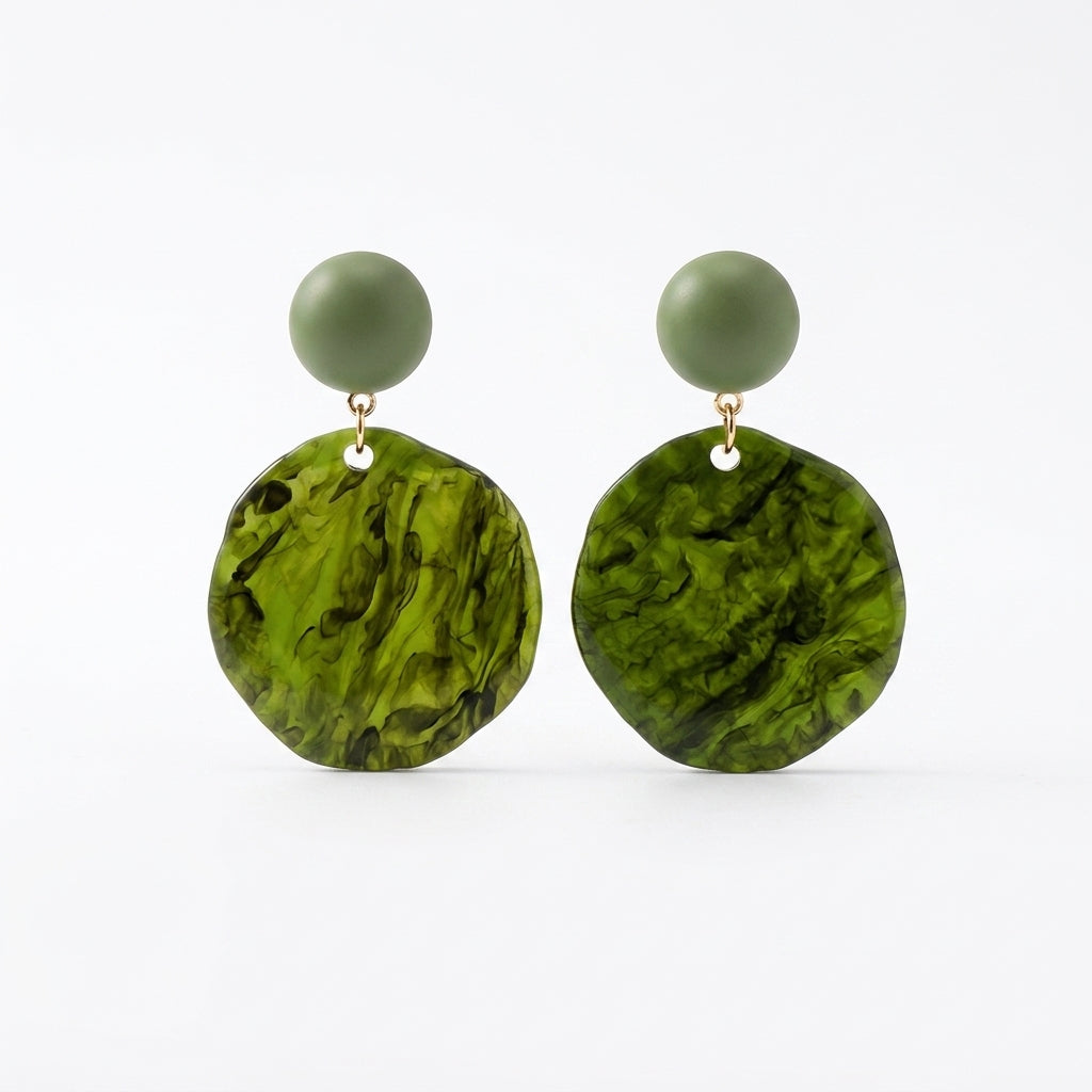 Green Marble Disc Drop Earrings | Oversized Acrylic Statement Earrings - ZI FASHION