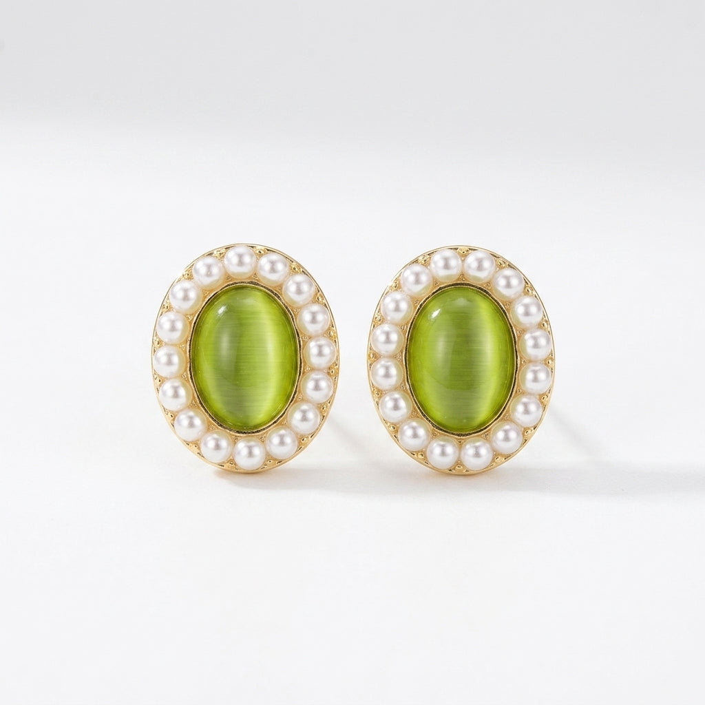 Green Opal Pearl Halo Oval Stud Earrings for Women | Cat Eye Stone Earrings - ZI FASHION