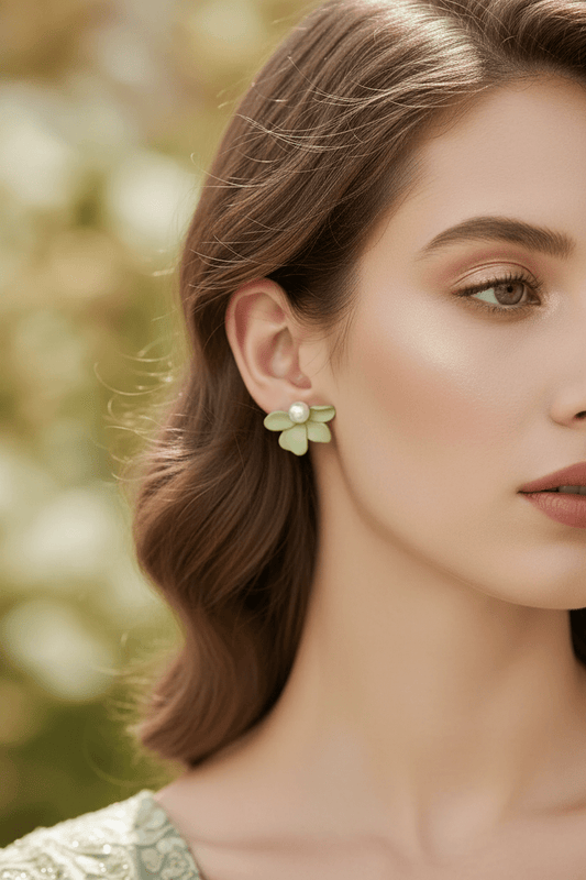 Green Petal & Pearl Stud Earrings | Frosted Floral Earrings with Pearl Centre - ZI FASHION