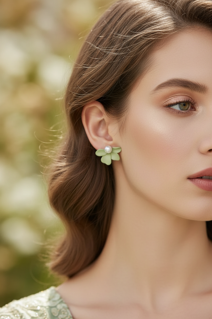 Green Petal & Pearl Stud Earrings | Frosted Floral Earrings with Pearl Centre - ZI FASHION