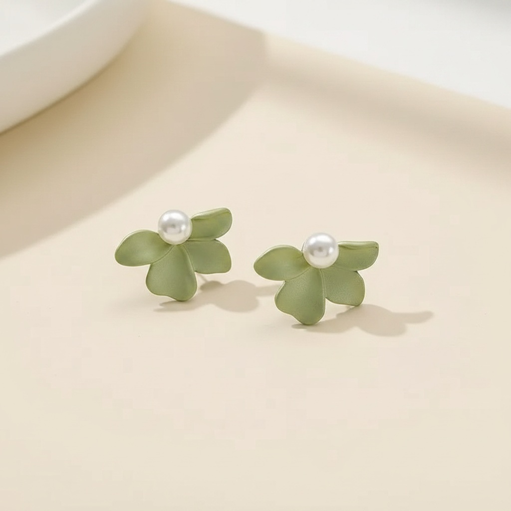 Green Petal & Pearl Stud Earrings | Frosted Floral Earrings with Pearl Centre - ZI FASHION