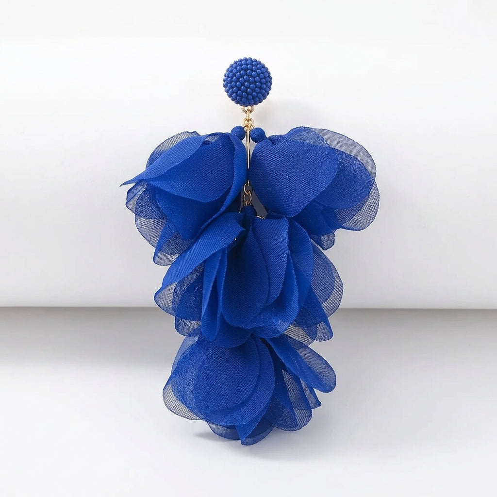 Klein Blue Chiffon Petal Drop Earrings | Oversized Bohemian Fabric Flower Earrings - ZI FASHION
