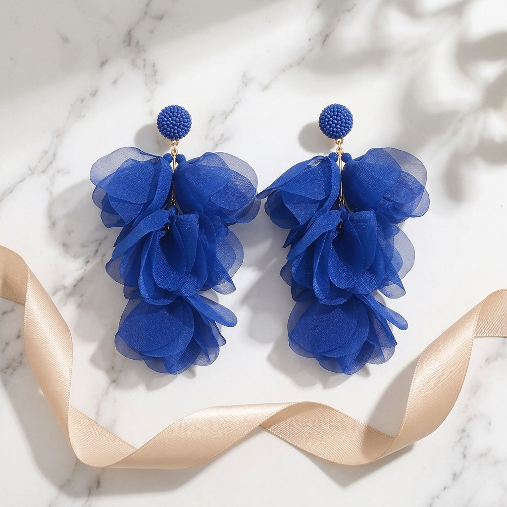 Klein Blue Chiffon Petal Drop Earrings | Oversized Bohemian Fabric Flower Earrings - ZI FASHION