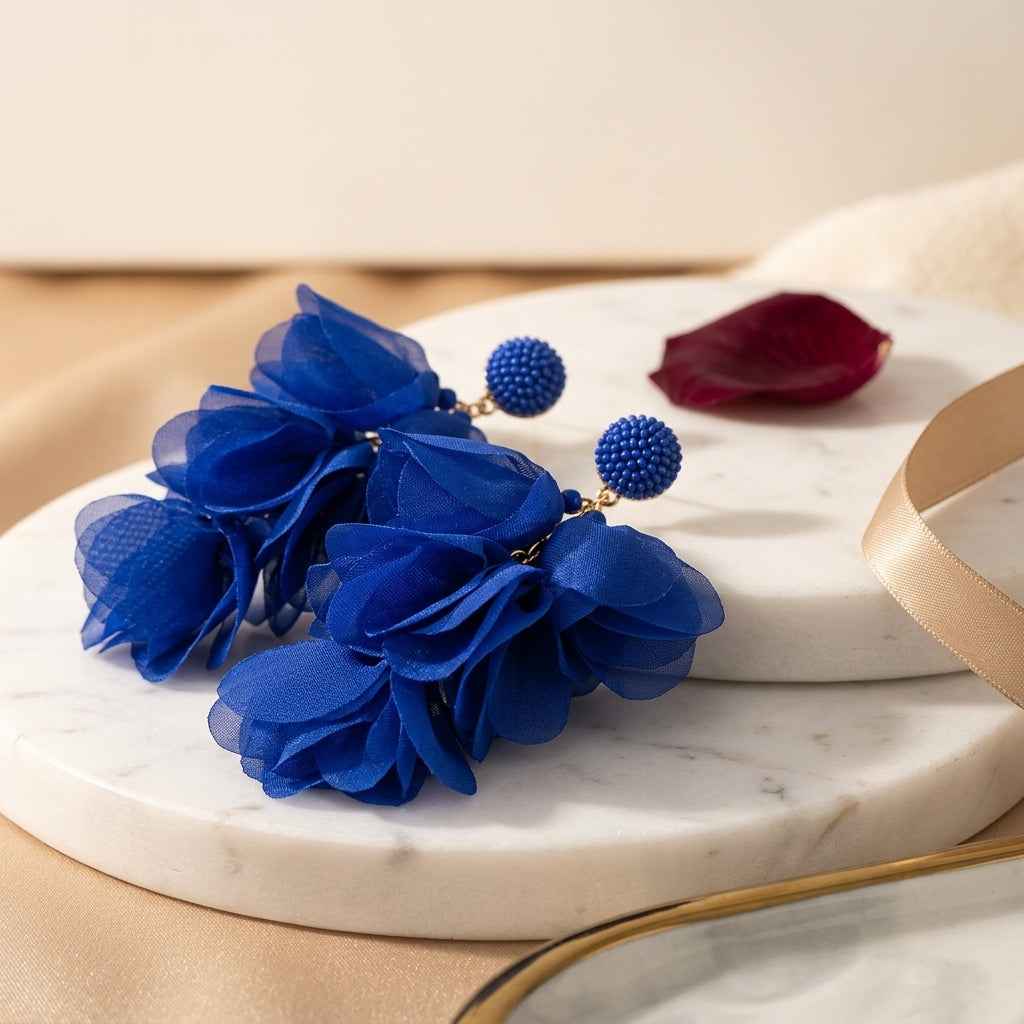 Klein Blue Chiffon Petal Drop Earrings | Oversized Bohemian Fabric Flower Earrings - ZI FASHION