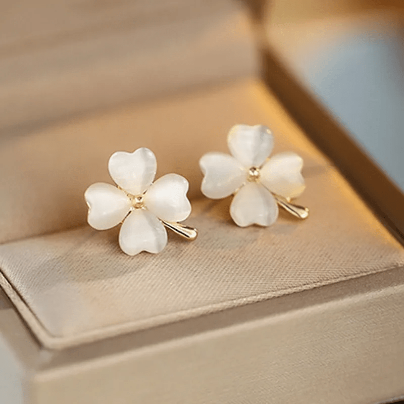 Lucky Four - Leaf Clover Opal Stud Earrings | Gold Clover Earrings in Green & White - ZI FASHION