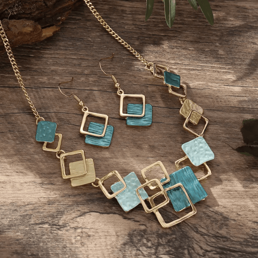 Malachite Green Geometric Square Jewellery Set | Gold Layered Square Necklace & Earrings Set - ZI FASHION