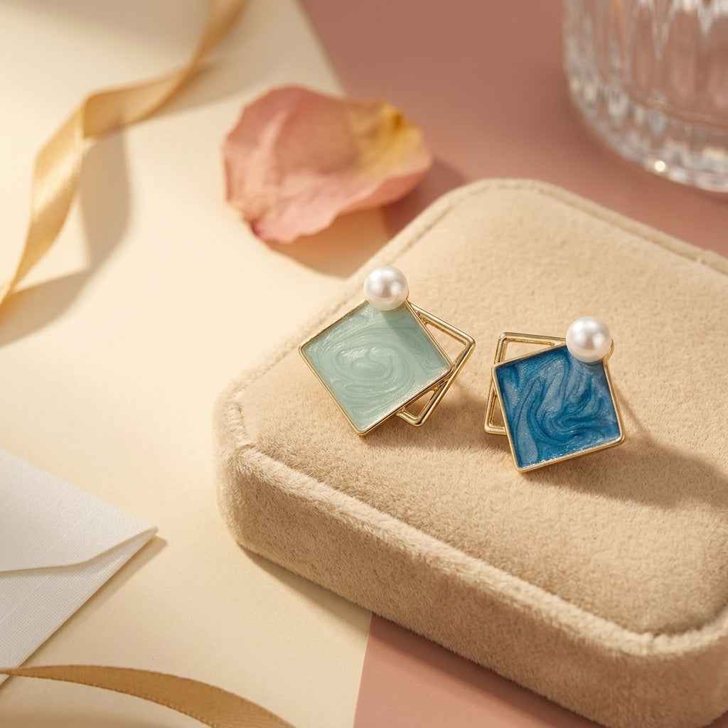 Marble Rhombus Pearl Stud Earrings for Women | Mismatched Blue Mint Gold Geometric Earrings - ZI FASHION