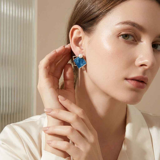Marble Rhombus Pearl Stud Earrings for Women | Mismatched Blue Mint Gold Geometric Earrings - ZI FASHION
