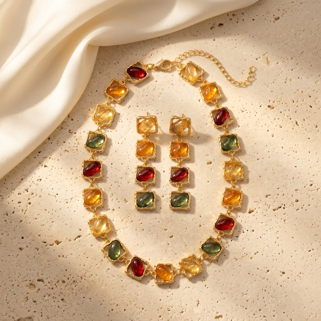 Multicolour Resin Gemstone Jewellery Set | Vintage Gold Statement Necklace & Earrings - ZI FASHION