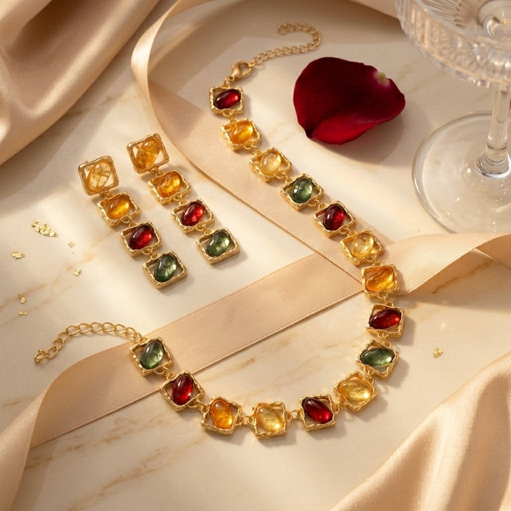 Multicolour Resin Gemstone Jewellery Set | Vintage Gold Statement Necklace & Earrings - ZI FASHION