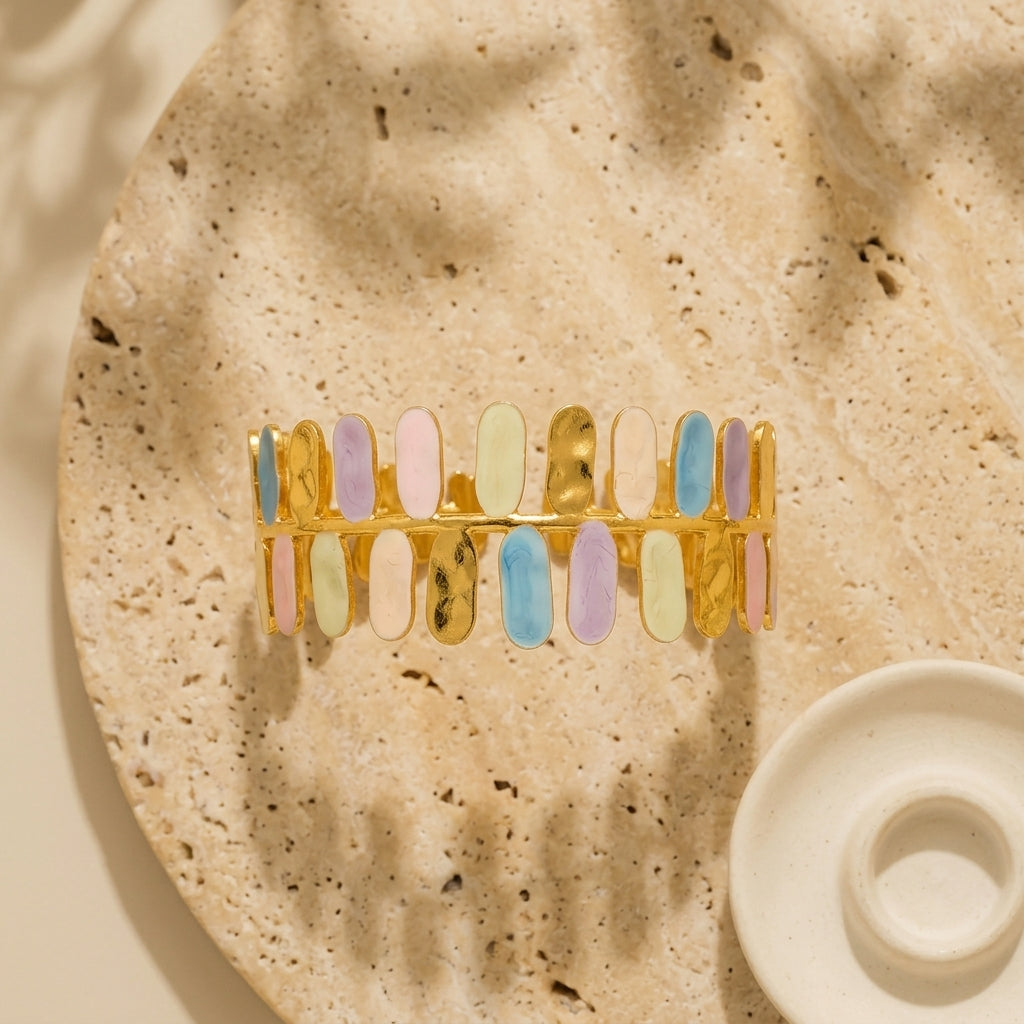 Pastel Rainbow Enamel Gold Cuff Bangle | 18K Gold Plated Multicolor Statement Bangle - ZI FASHION