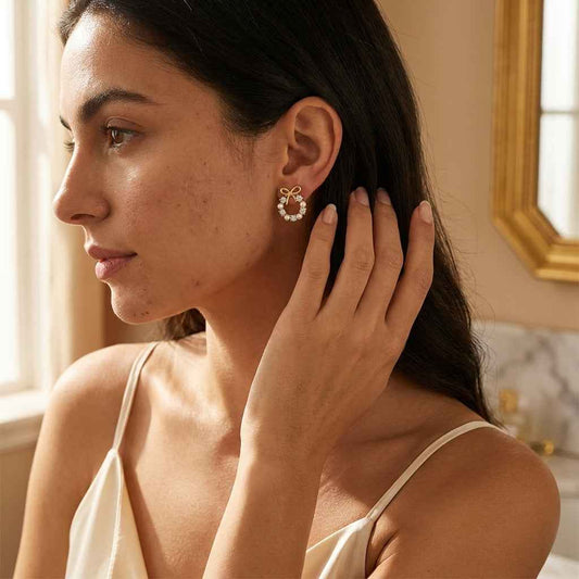 Pearl Wreath Bow Earrings | 18K Gold - Plated - ZI FASHION