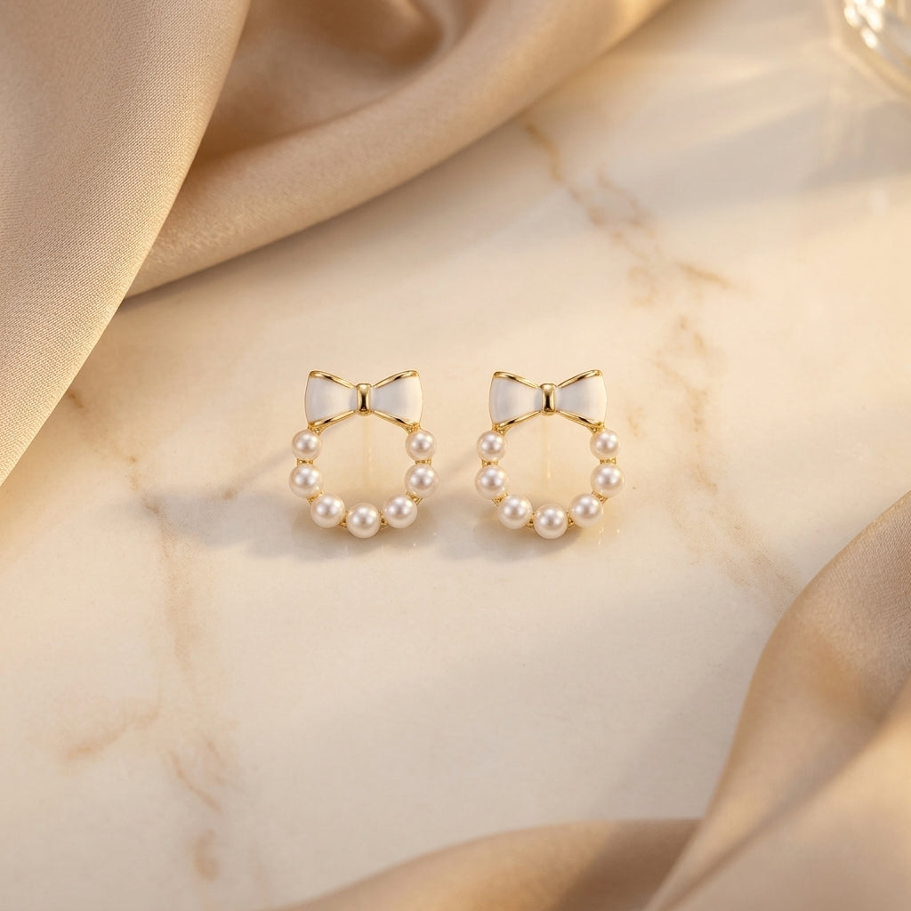 Pearl Wreath Bow Stud Earrings - ZI FASHION