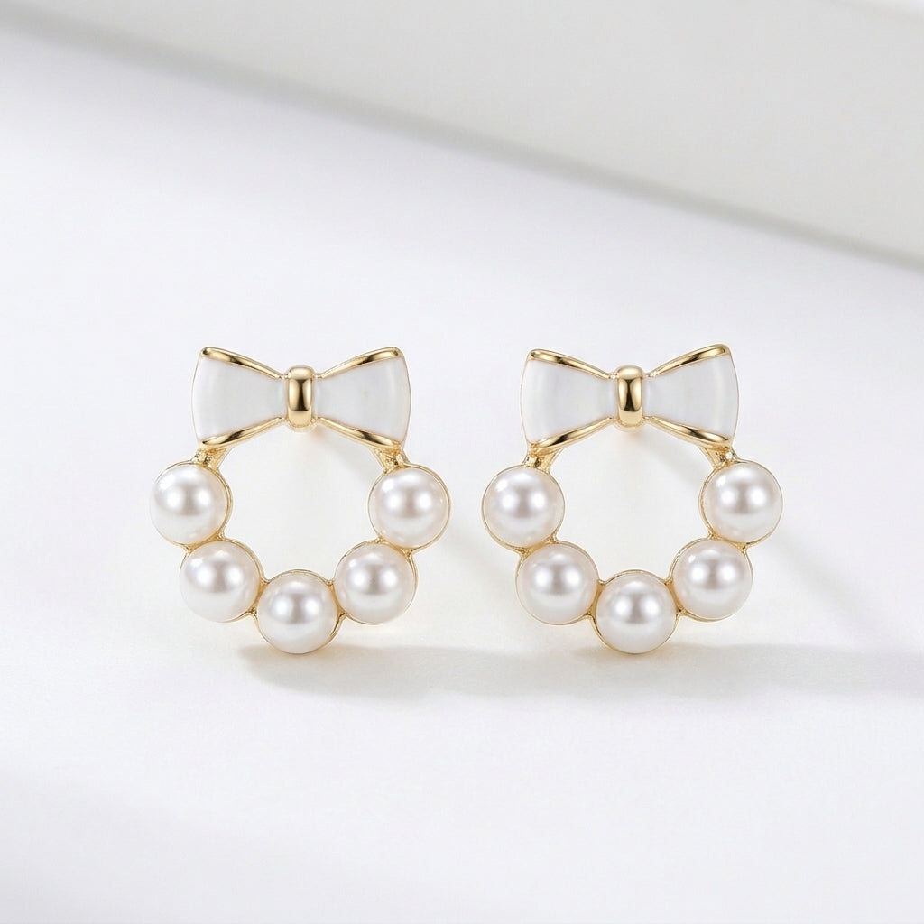 Pearl Wreath Bow Stud Earrings - ZI FASHION