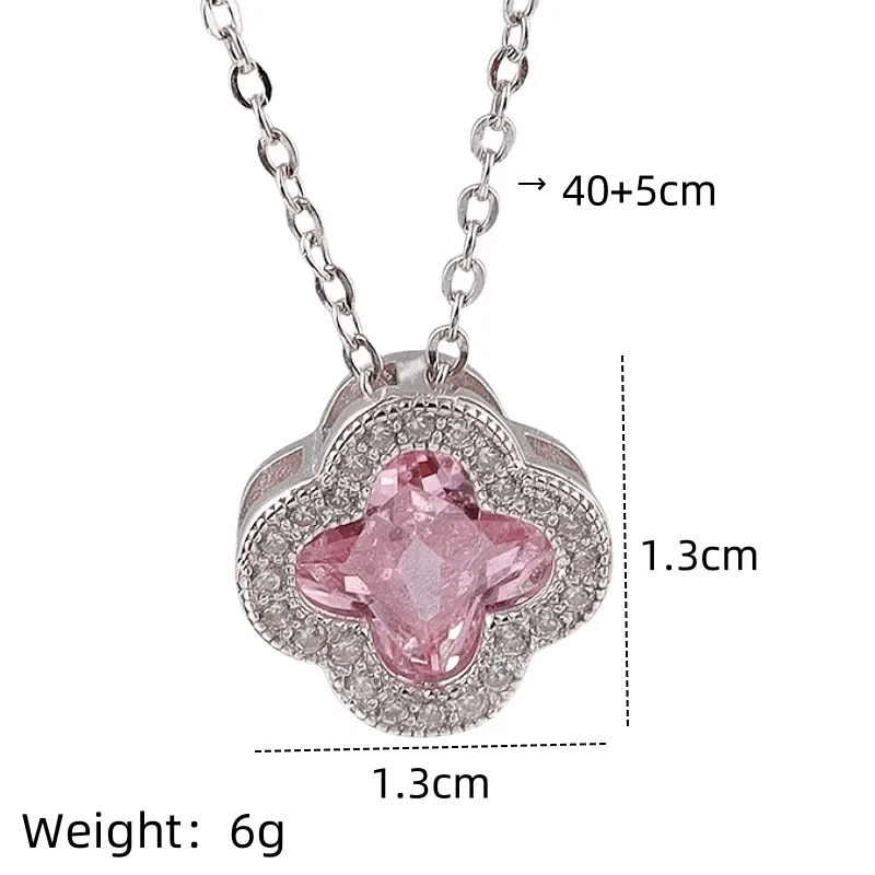 Pink Crystal Clover Pendant Necklace | Silver Zirconia Four - Leaf Flower Necklace - ZI FASHION